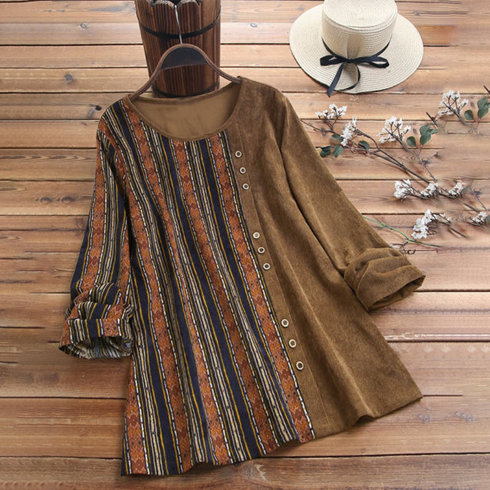 Brown round neck top with 3/4-length sleeves