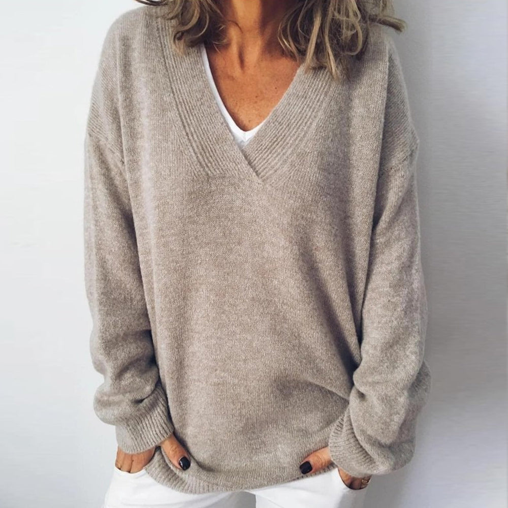 Brown single color V-neck sweater