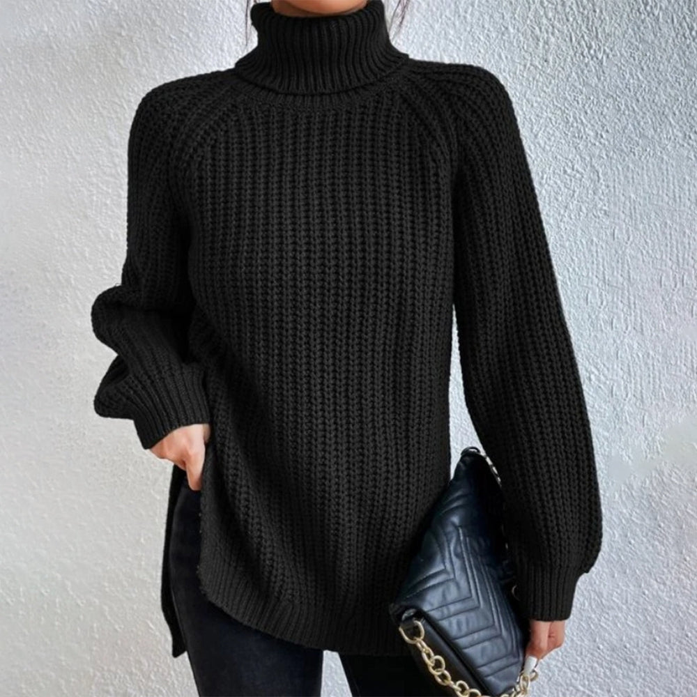 Black long sleeve turtleneck sweater with ribbed surface