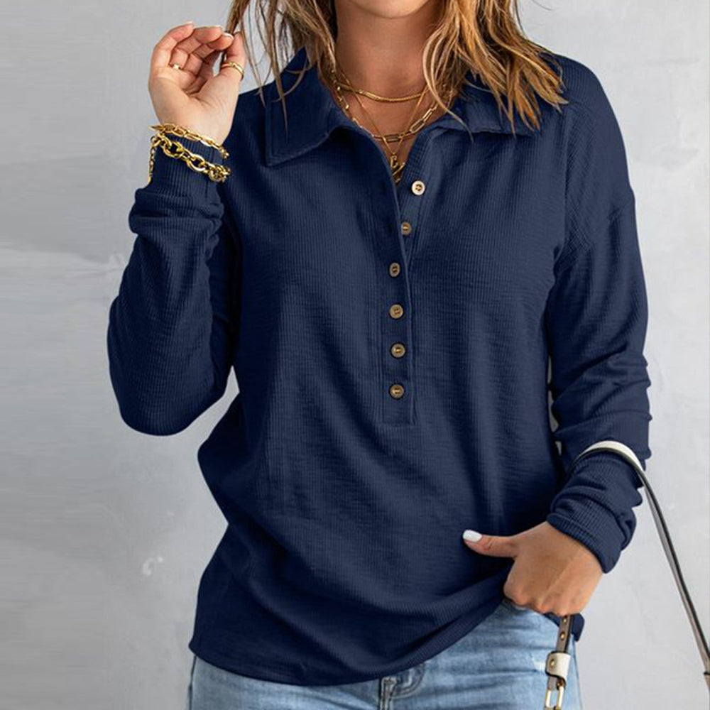 Navy long sleeve Henley top with button placket