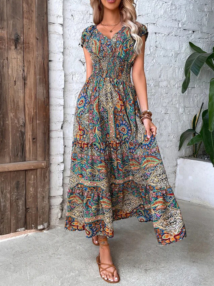 Colorful Paisley Ruffled Waist Long Summer Dress