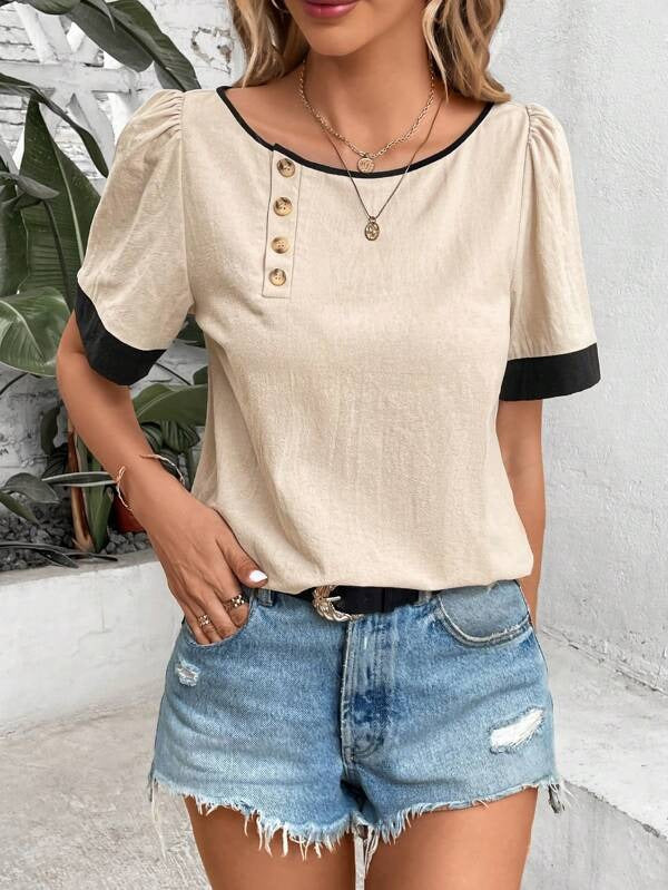 Apricot Short Sleeve Color Block Top