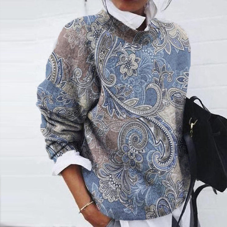 Long sleeve top with blue floral paisley print