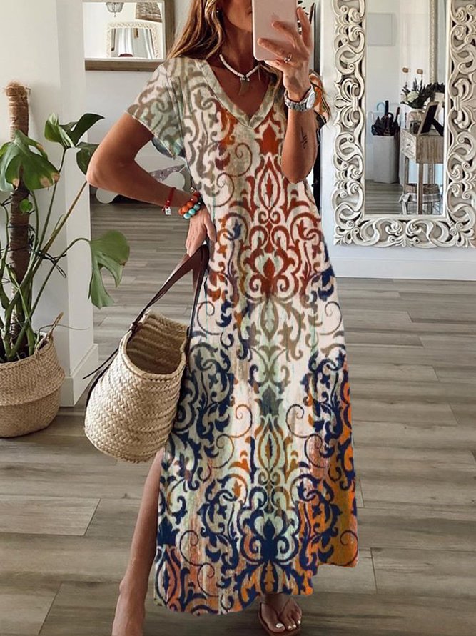 Luxury Ethnic Ombre Print Cream Maxi Dress