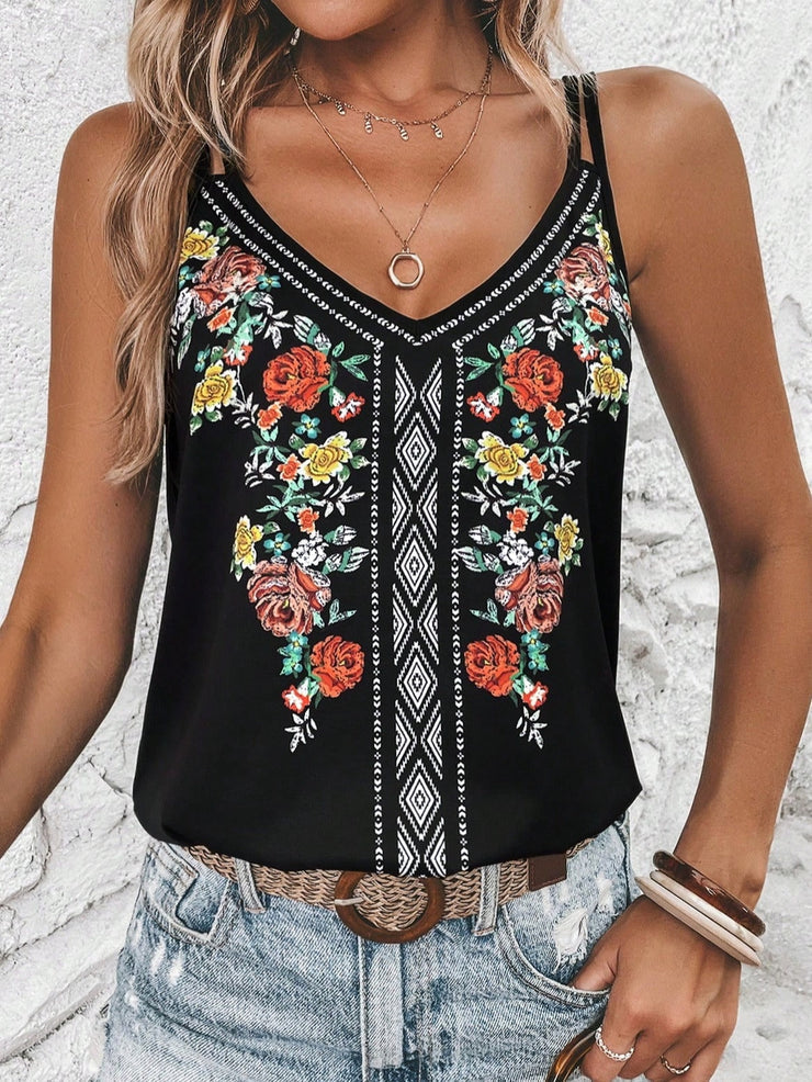 Black sleeveless print top