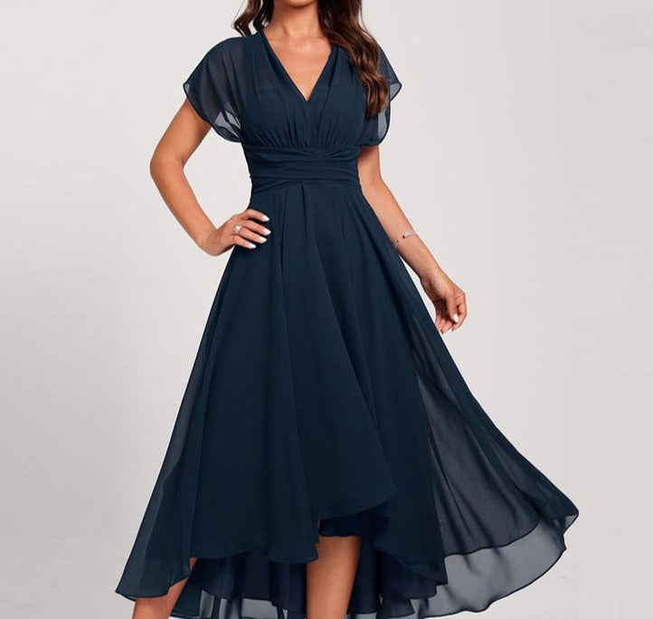 Blue midi dress with short sleeves and laced waist