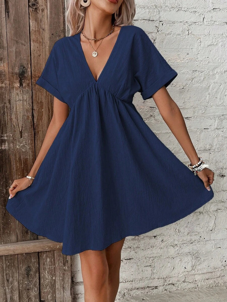 Navy blue monochrome mini dress with short sleeves