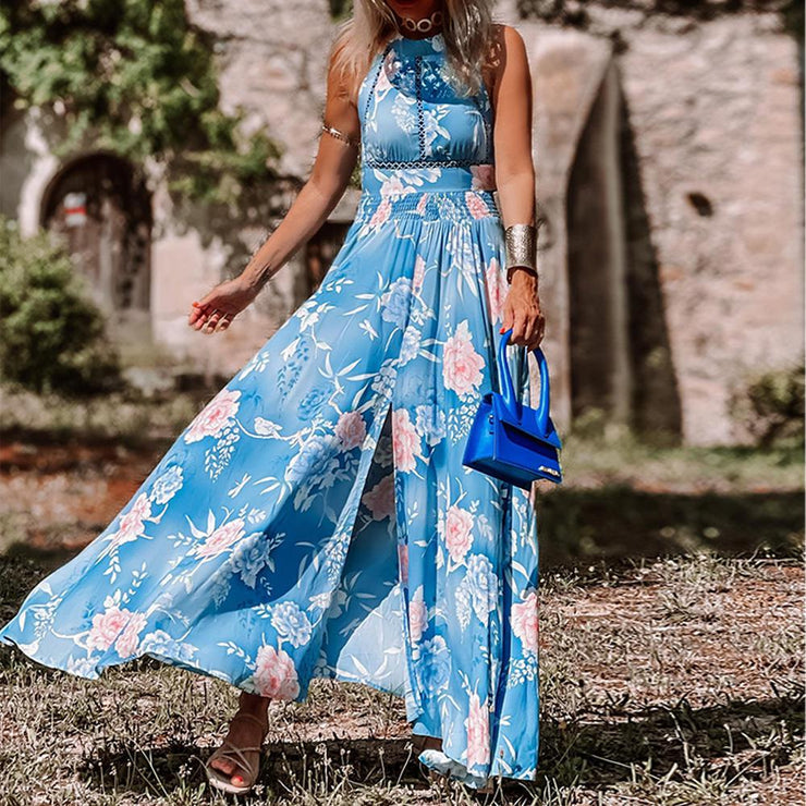 Blue printed maxi dress with halter