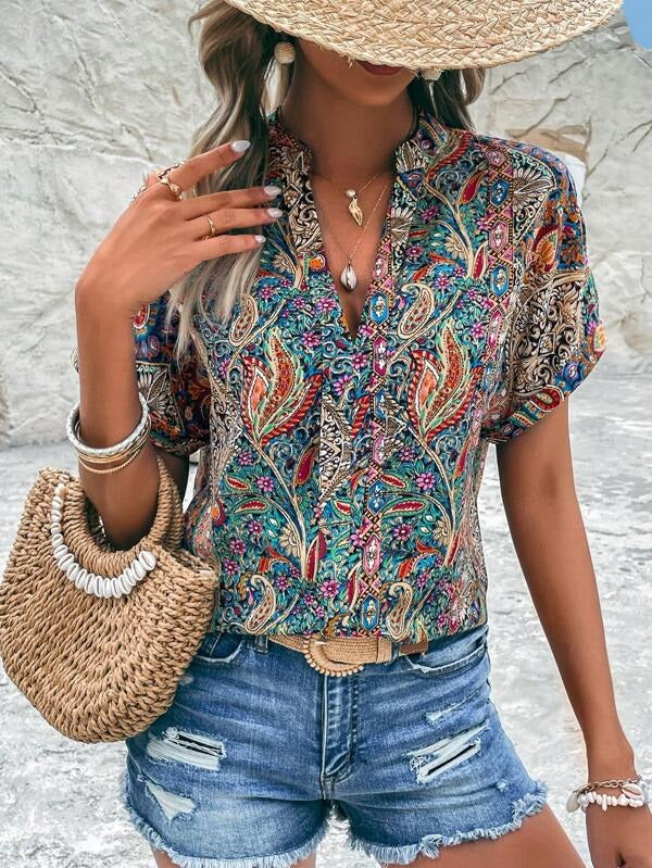 Colorful Garden Summer Print Grooved V Neck Top