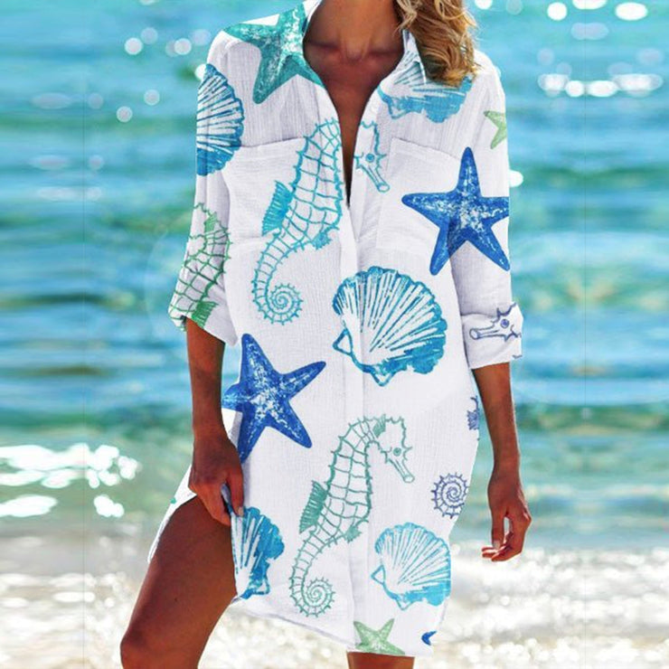 Starfish Shell Blue White Blouse Dress