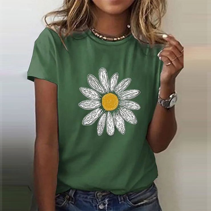 Green floral print top with round neck