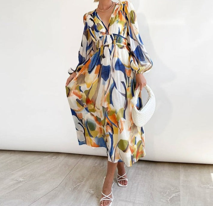 Long sleeve midi dress with colorful abstract print