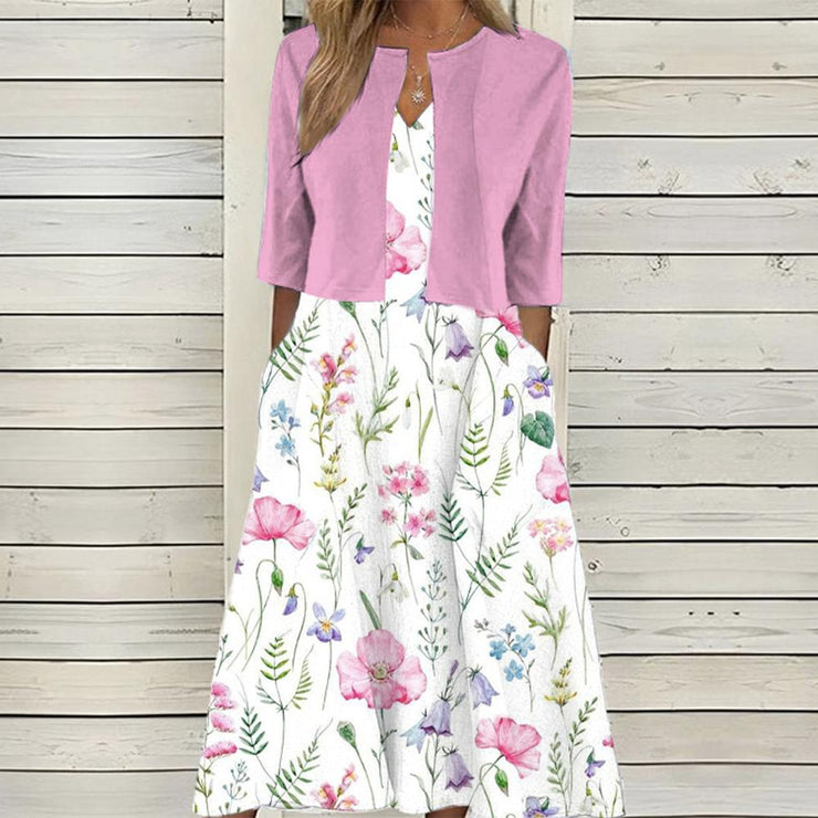 Twofer White Floral Midi Dress in Pink