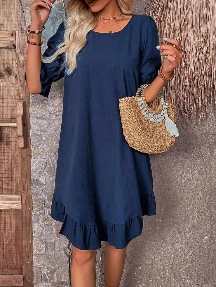 Navy blue solid color mini dress with half sleeves