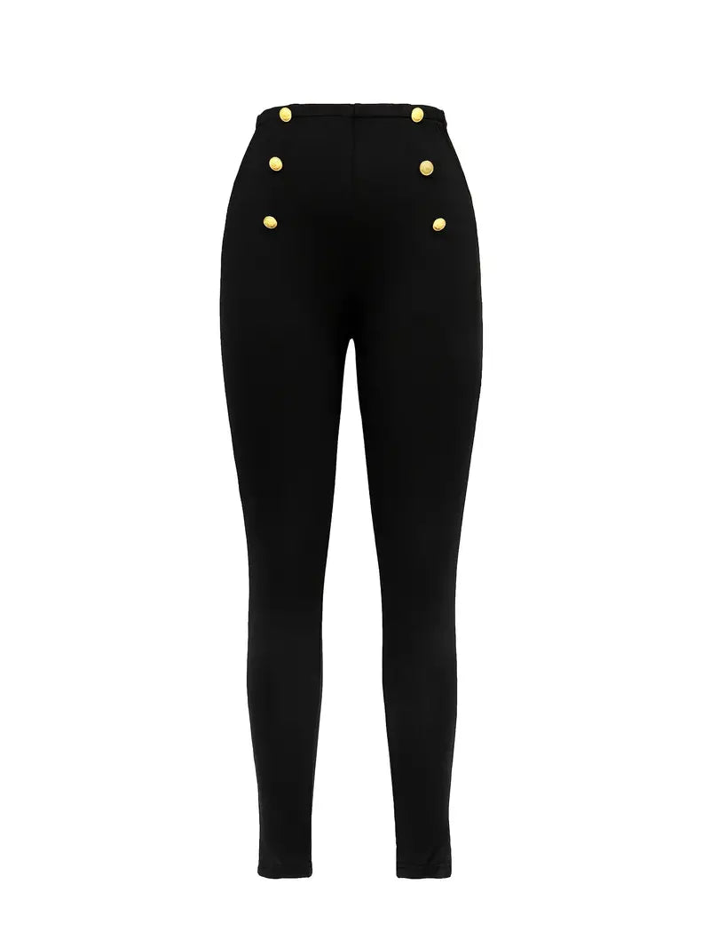 Elegant Black High Waist Gold Button Pants