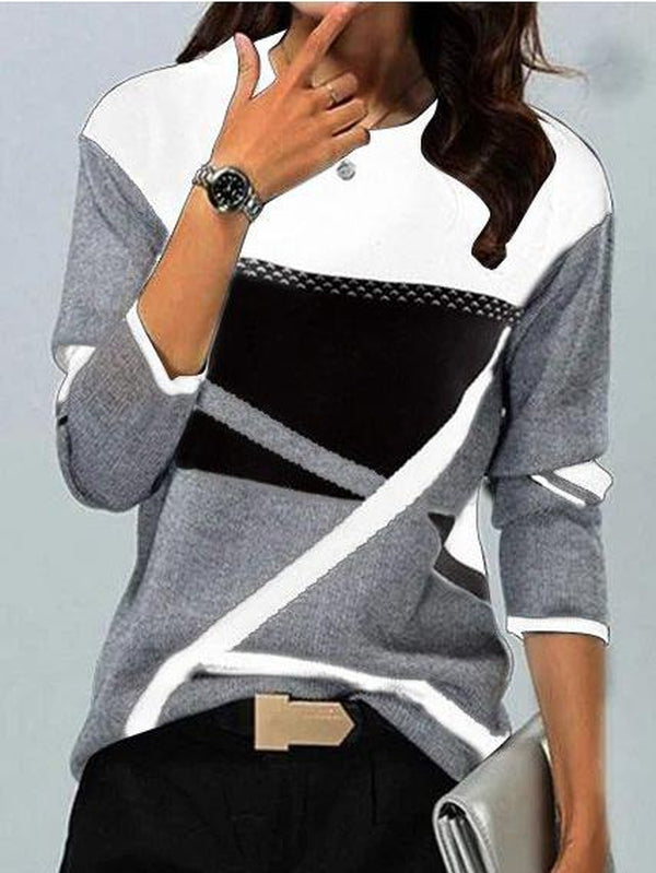 Broken Glass White and Grey Color Block Top with Long Sleeves