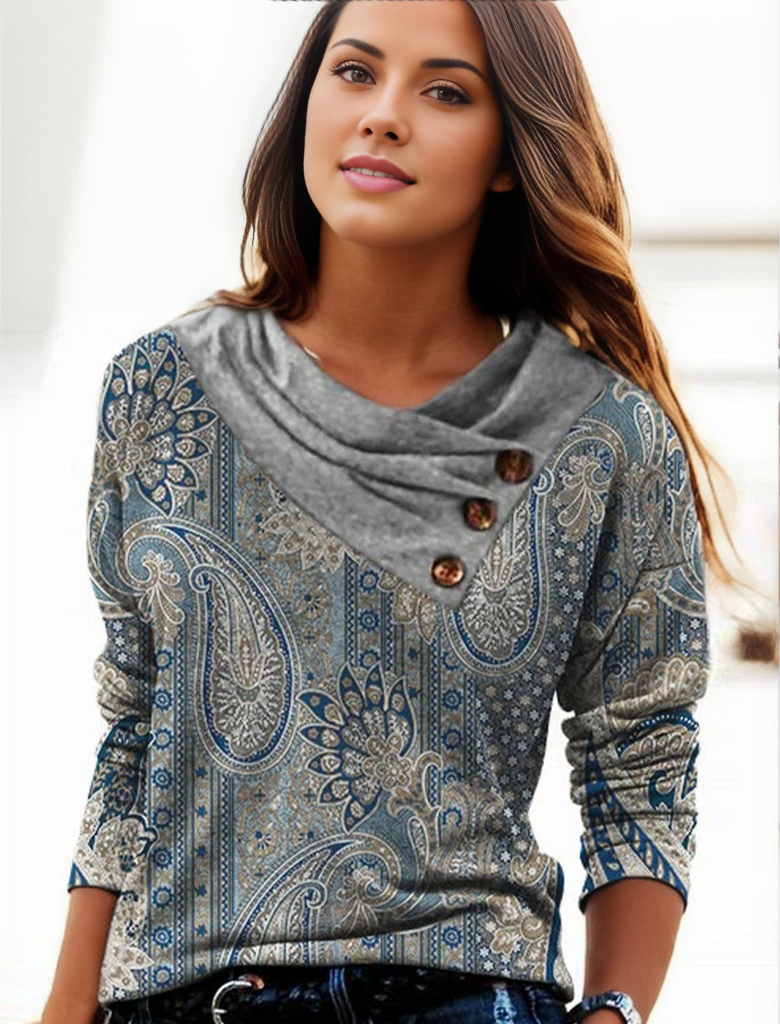 Blue paisley top with grey turn-over collar and long sleeves