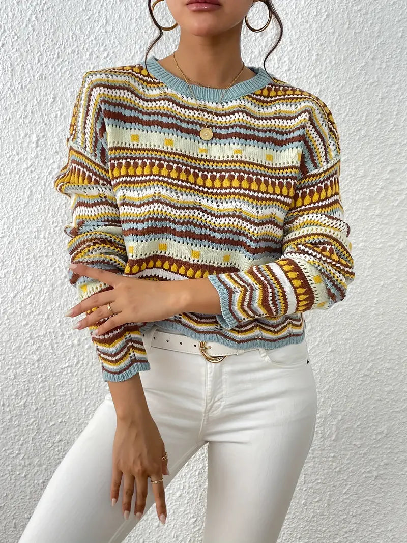 Sweater with eyelet knit with ethnic print