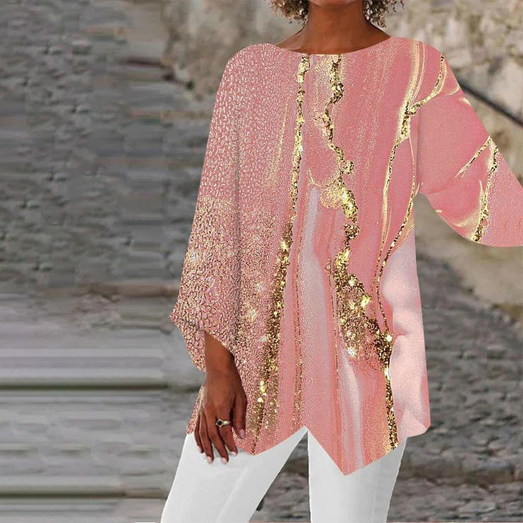 Pink Marble Gold Print Uneven Hem ? Sleeves Top