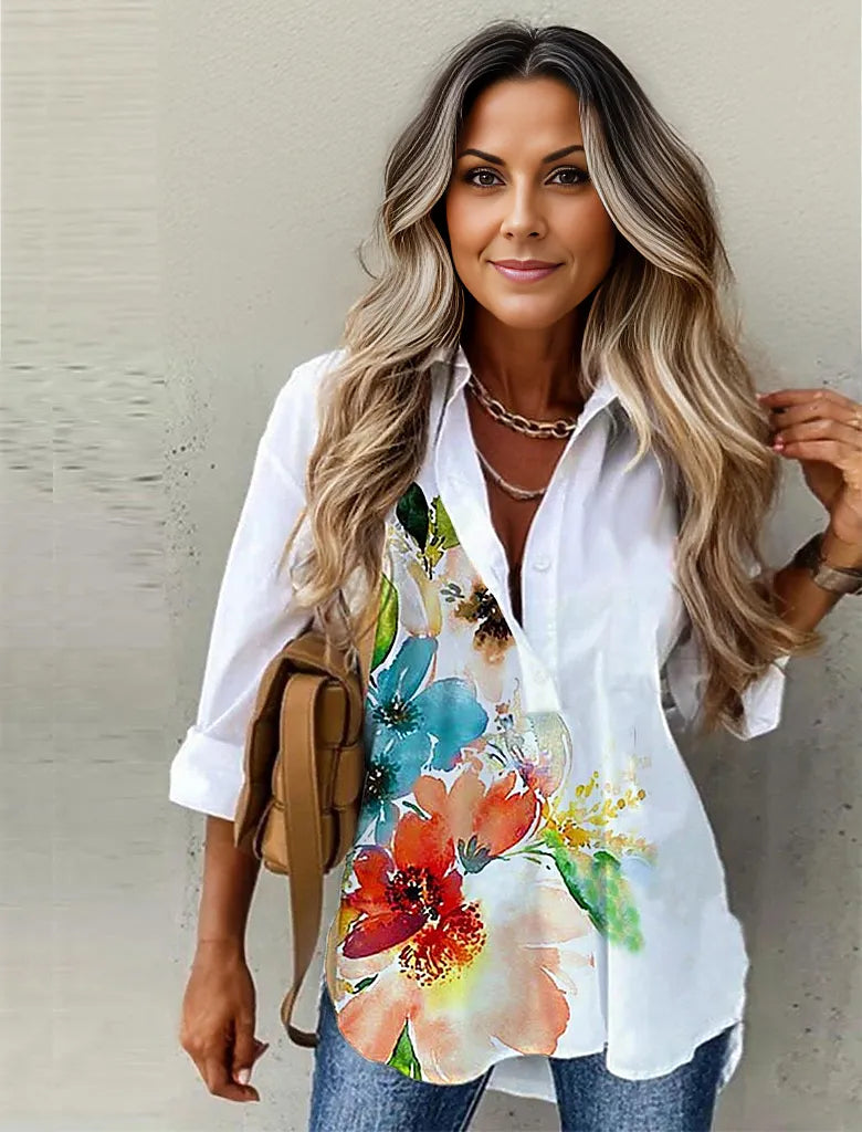 Watercolor flower button placket tunic blouse