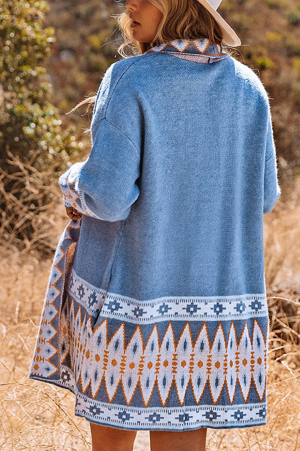 Women's Pullover Blue Aztec Pattern Front Open Knitted Cardigan