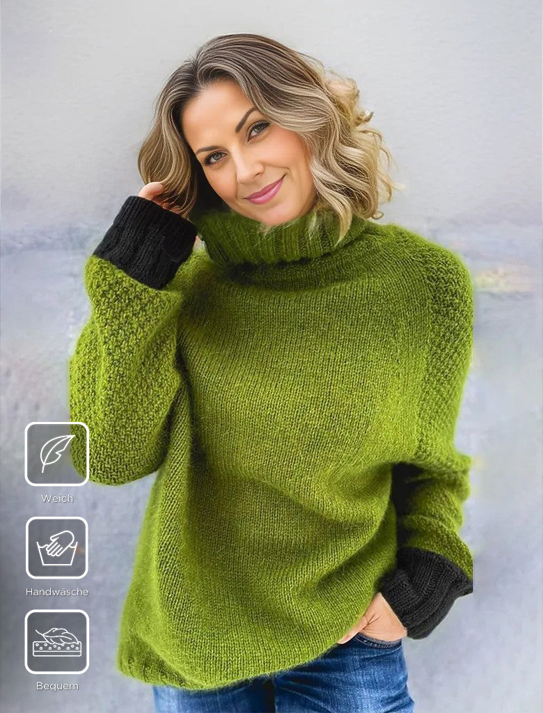 Green print sweater with high neckline