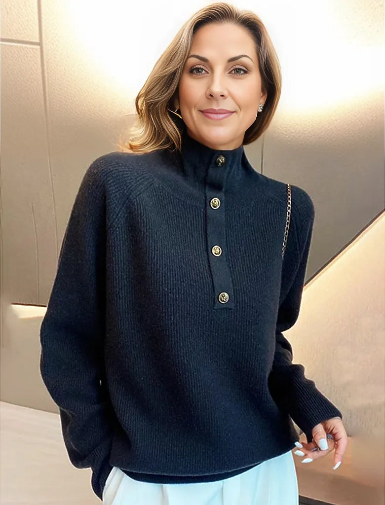 High neck sweater with long sleeves and button placket