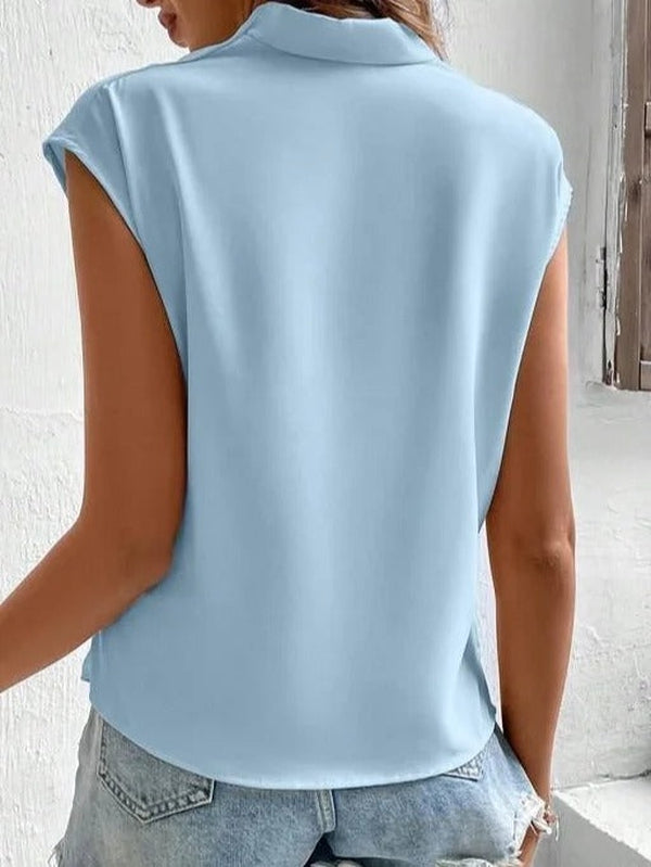 Blue plain sleeveless top with V-neck