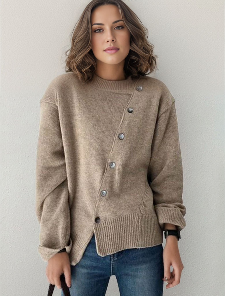 Asymmetrical long sleeve sweater with button placket