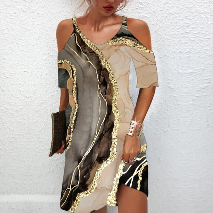 Golden Grey Marble Splash Cold Shoulder Mini Dress