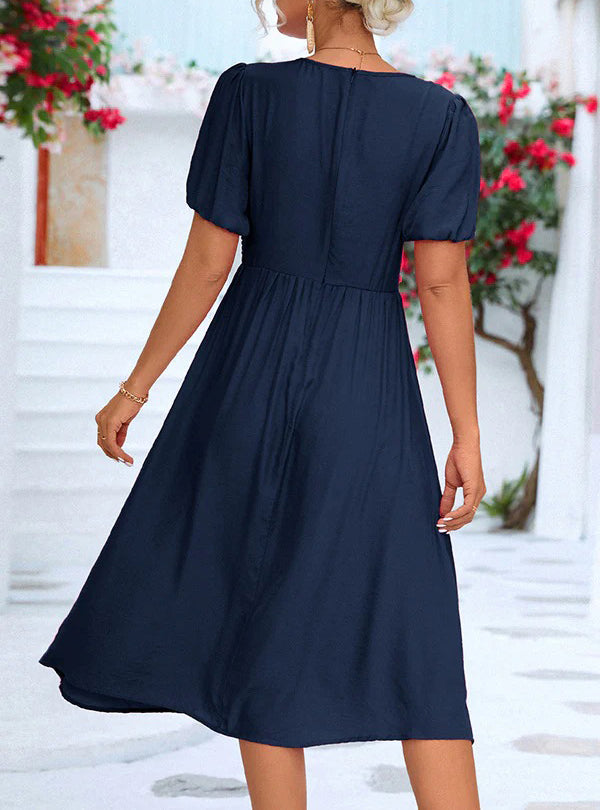 Navy blue solid color midi dress with short sleeves