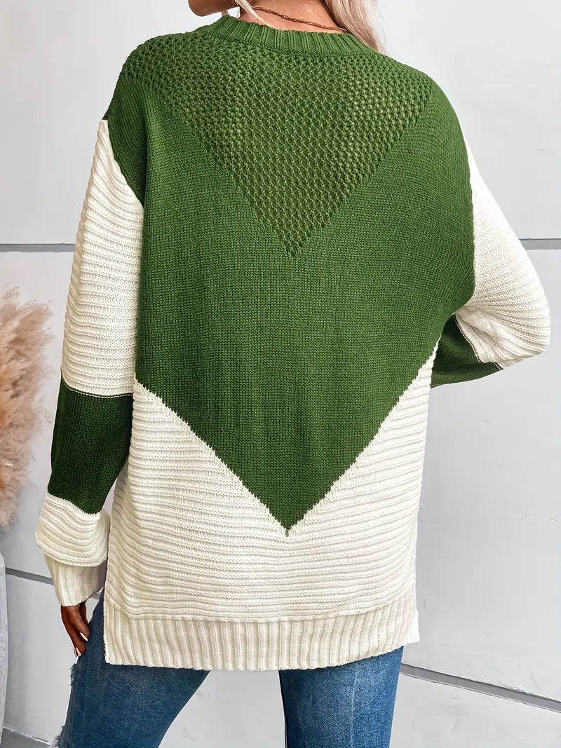 casual color block sweater with round neck