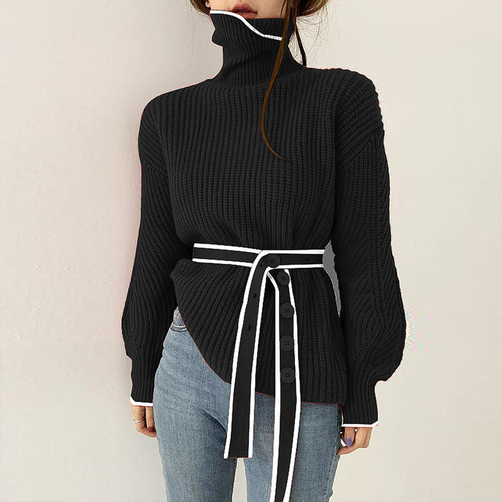 Black long sleeve sweater with high neckline