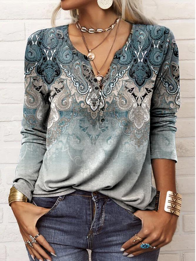 Blue and Grey Oceanic Luxe Print V-Neck Long Sleeve Top