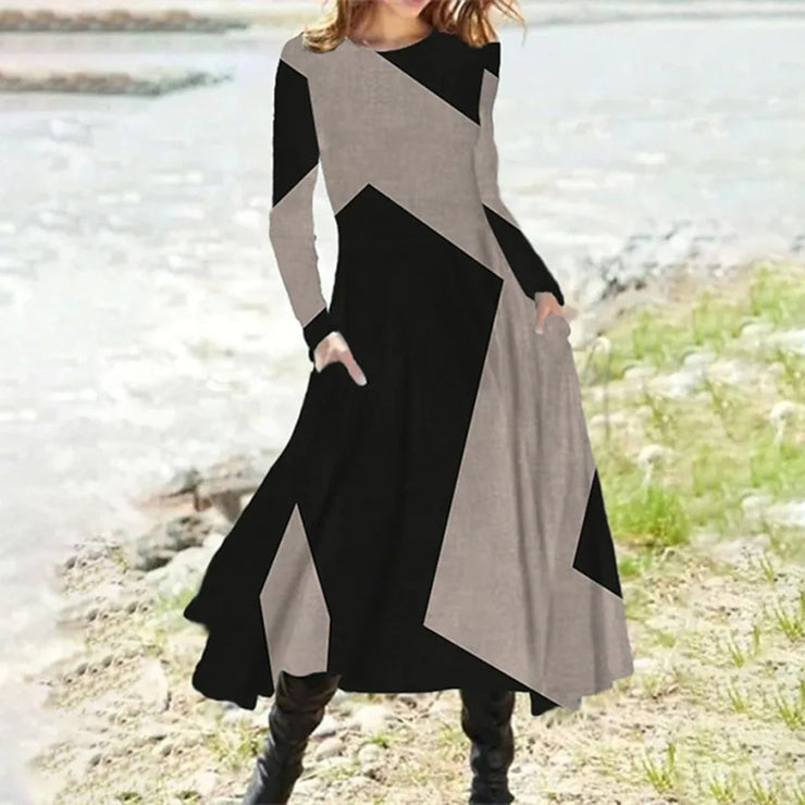 Grey Black Geometric Color Block Dress