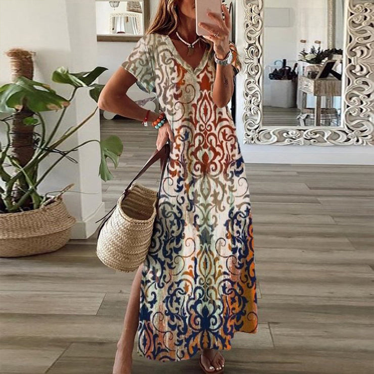 Luxury Ethnic Ombre Print Cream Maxi Dress