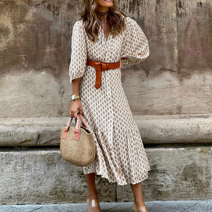 Elegant long sleeve midi dress with print