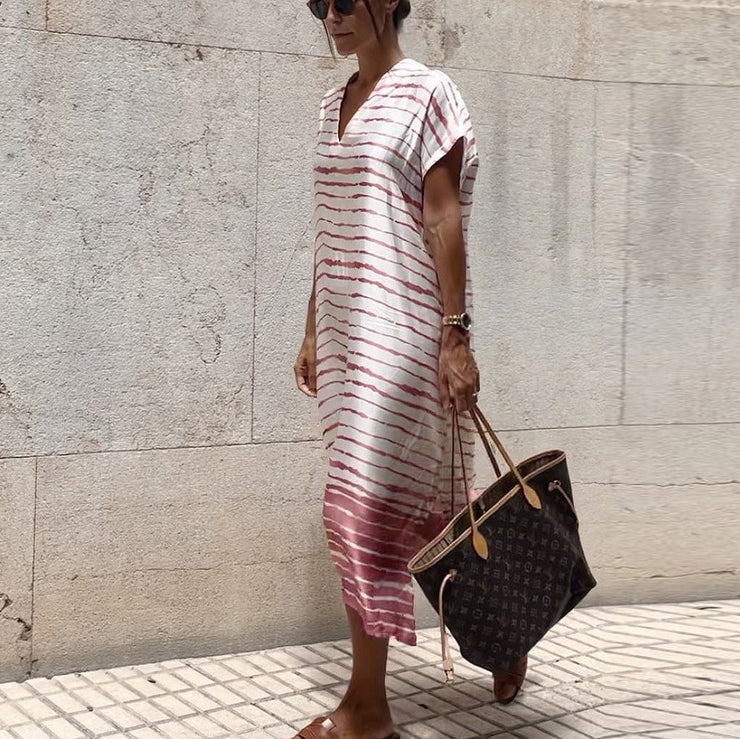 Pink striped midi dress with short sleeves