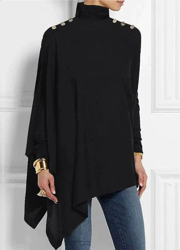 Black asymmetrical tunic top with buttons on the shoulders