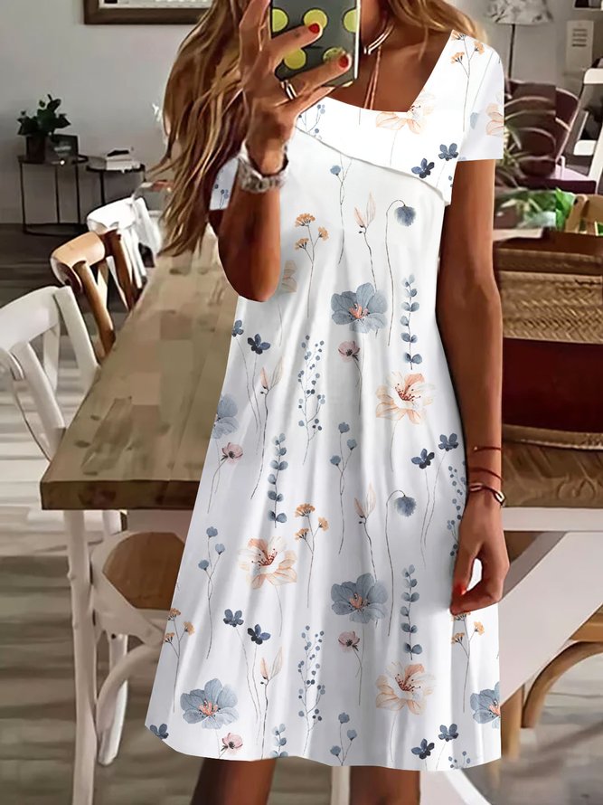 Fresh White Colorful Floral Print V Neck Mini Dress