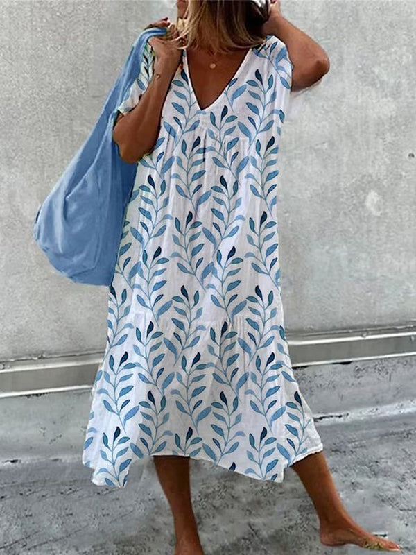 Blue watercolor short sleeve white midi dress