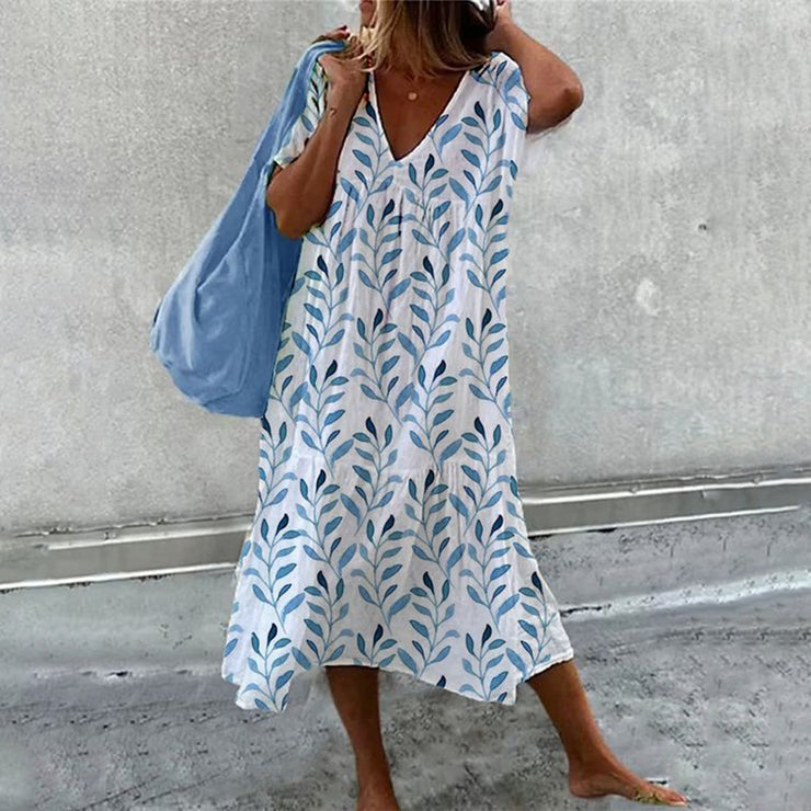 Blue watercolor short sleeve white midi dress