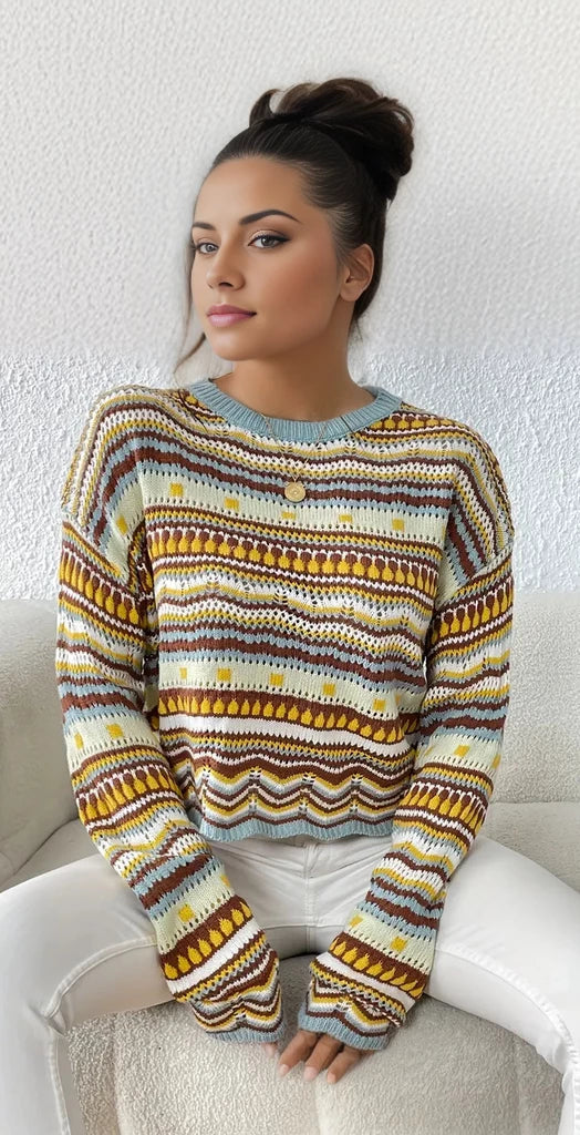 Sweater with eyelet knit with ethnic print