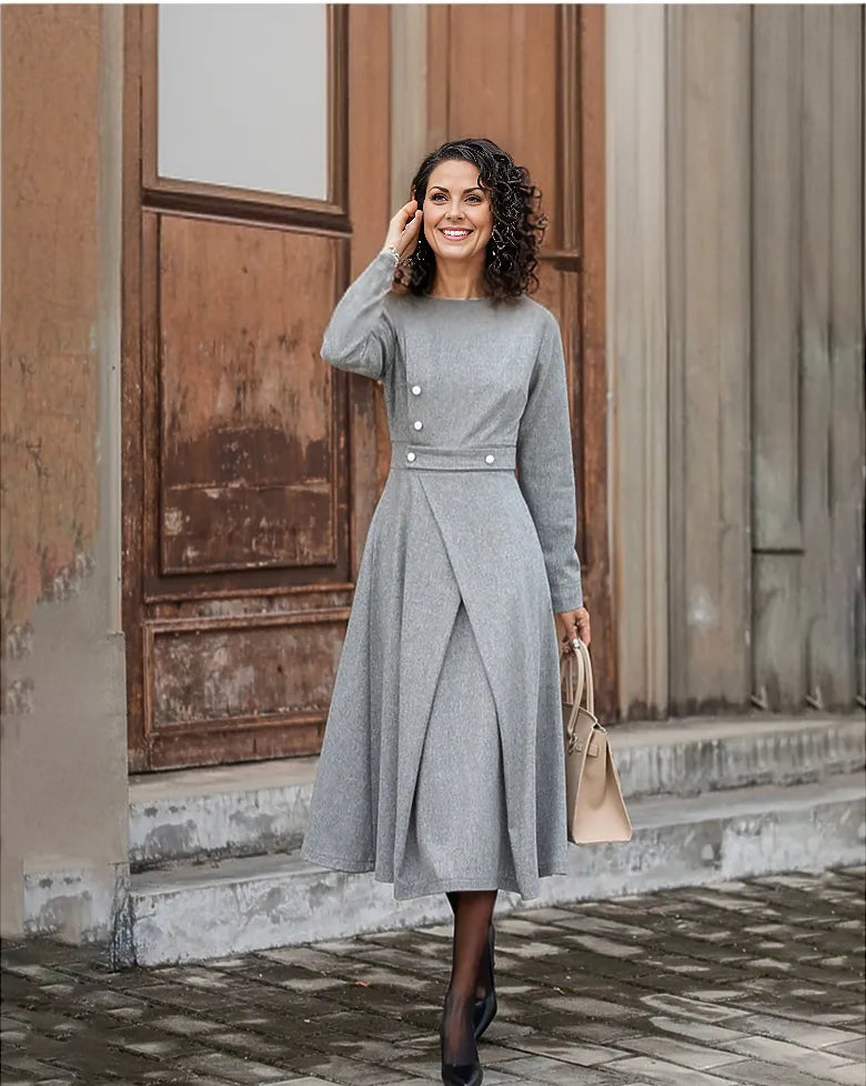 Grey Solid Color Midi Dress with Side Pockets