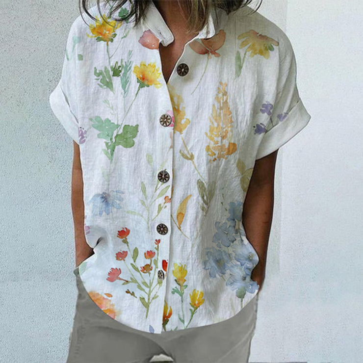 White Spring Garden Flowers Button Down Top