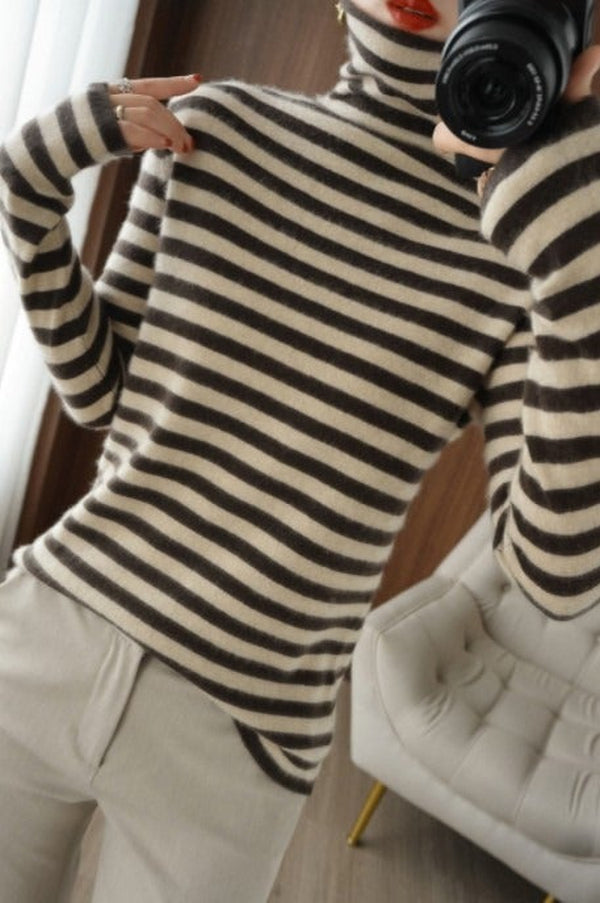 Neutral and coffee Horizontal striped turtleneck sweater