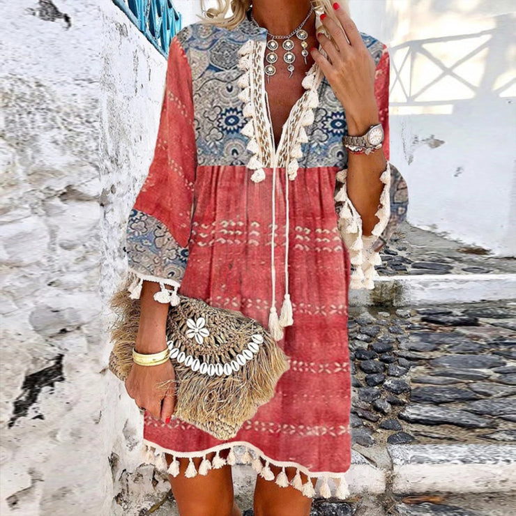 Bohemian Tassel Drawstring Fall Red Mini Dress