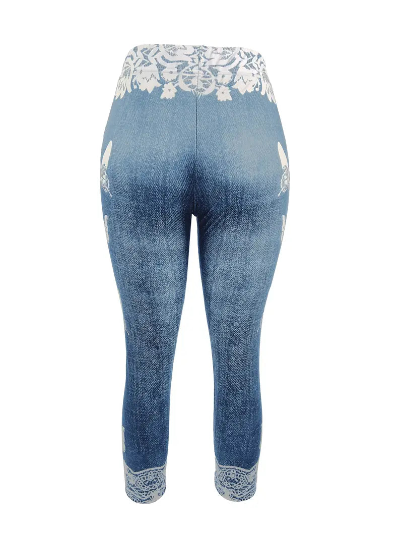 Blue denim lace butterfly Capri jeans