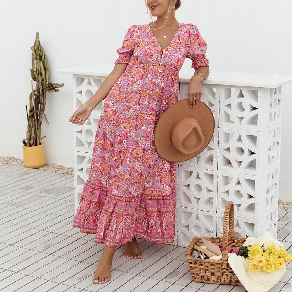 Pink maxi dress with short sleeves