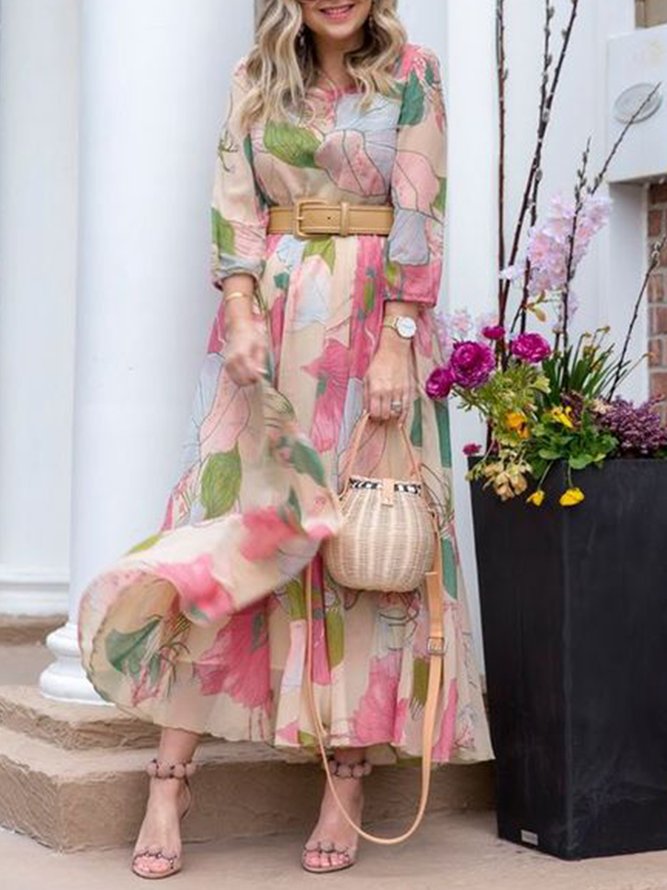 Romantic maxi dress with long sleeves and print